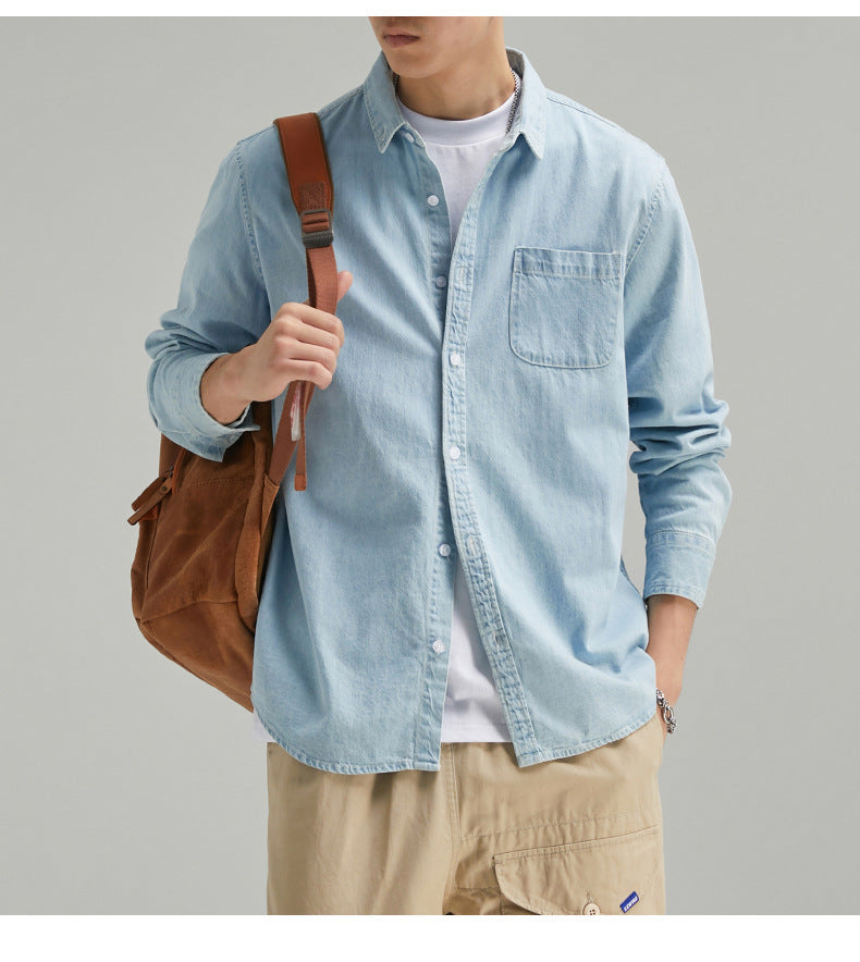 Men's Long Sleeve Solid Color Casual Thin Lapels Denim Shirt Men's Long Sleeve Solid Color Casual Thin Lapels Denim Shirt